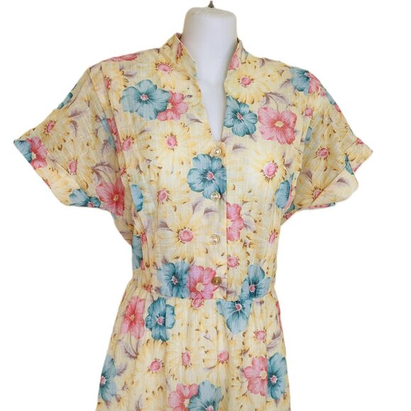 D'Allaird's Yellow Midi Dress Floral Print Short Sleeves Vintage 80s - Picture 2 of 8
